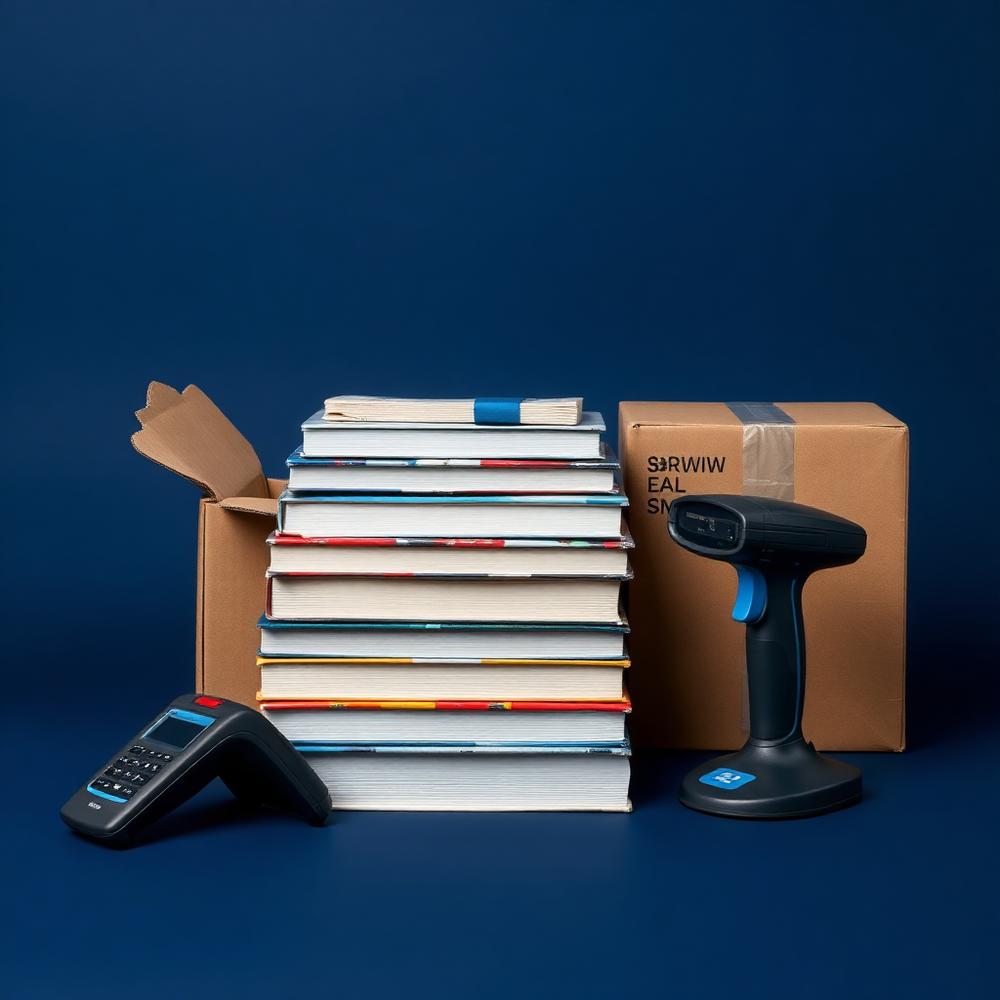 Stack of used books beside a shipping box and a barcode scanner