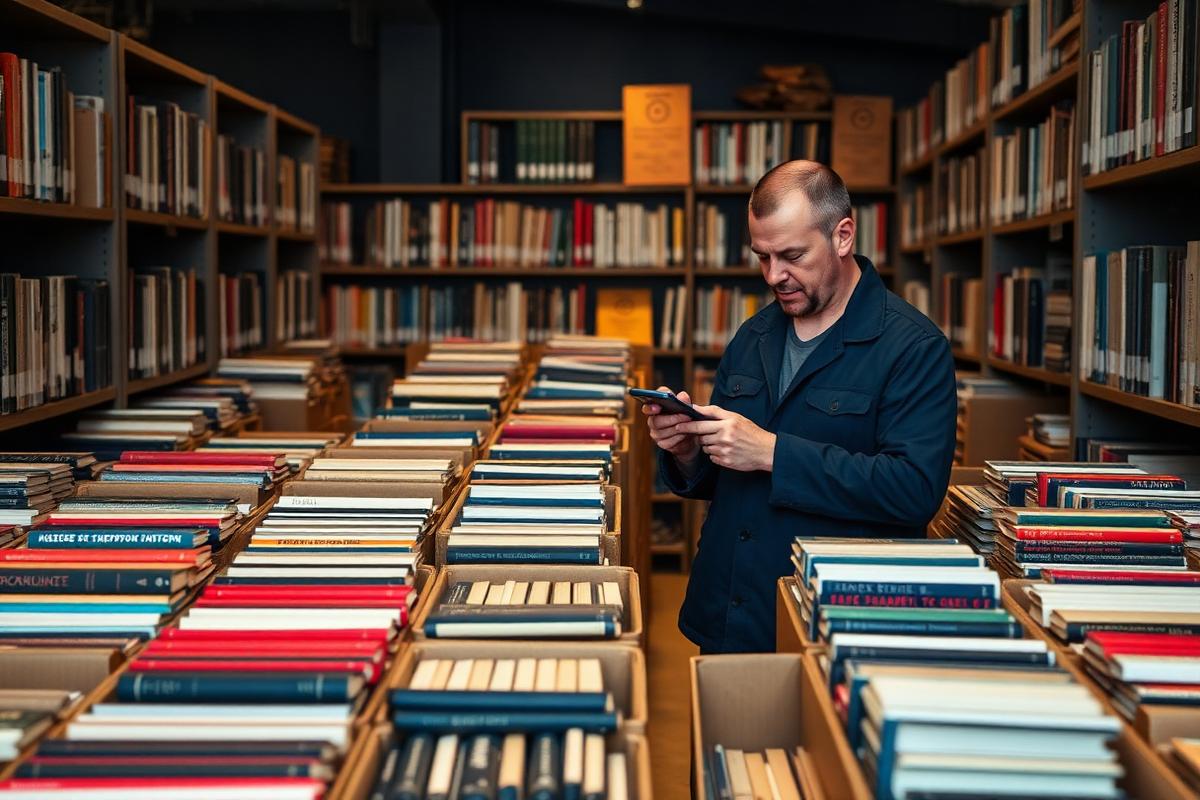 Illustration of two friends browsing a library book sale table
